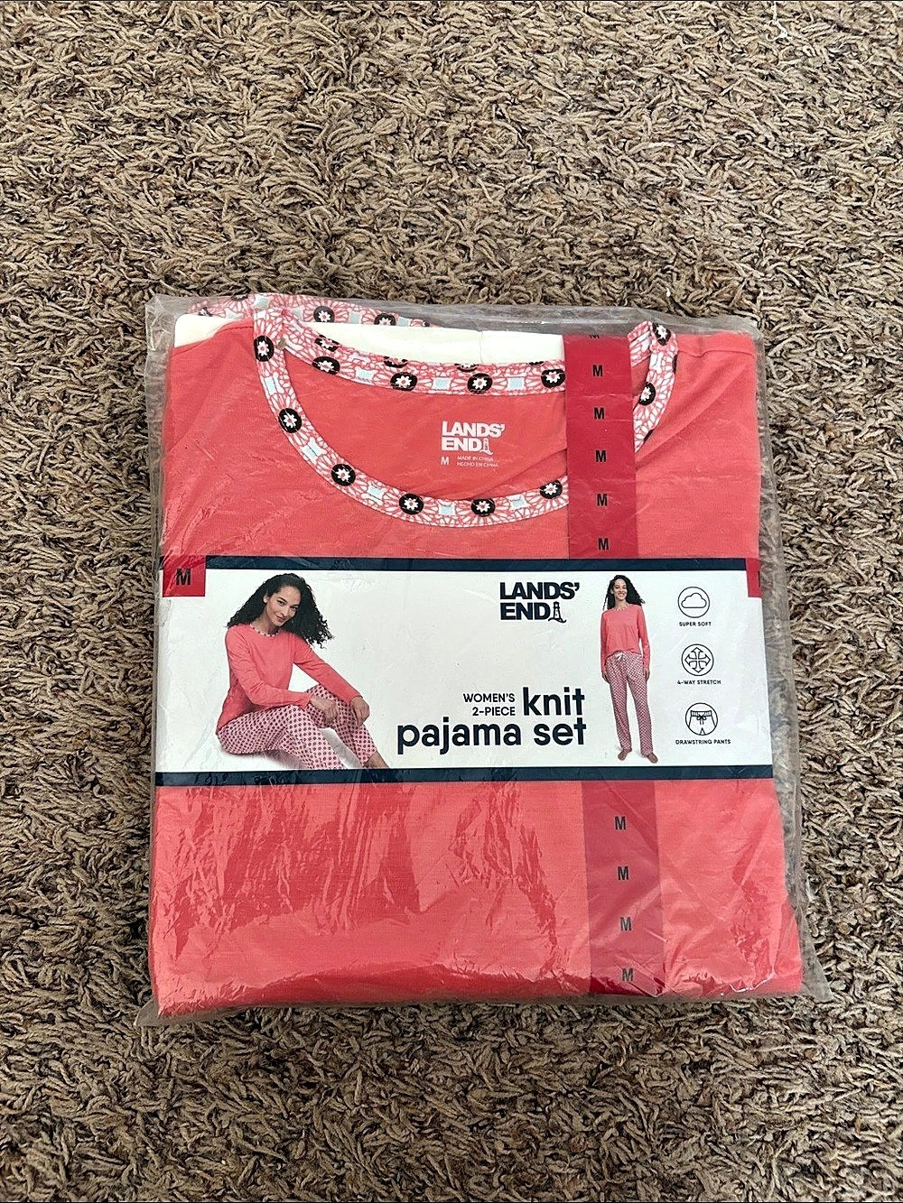 Lands' End Women's Knit 2 Piece Pajama Set - Long Sleeve Top and Pants Pink